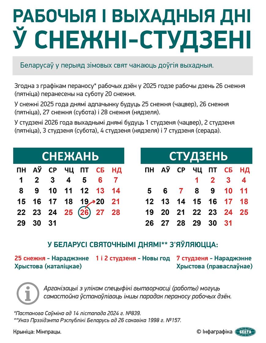 Рабочыя і выхадныя дні ў снежні-студзені 